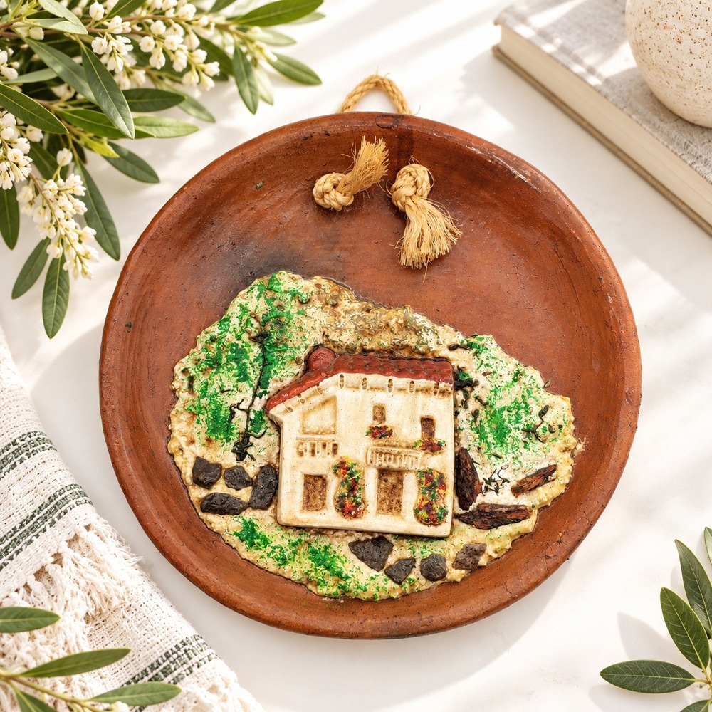 Handmade Terracotta 3D Relief Wall Hanging Plate Rustic Mediterranean Villa Art